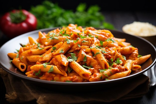 Penne pasta in tomato sauce with chicken