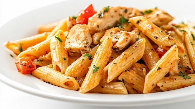 Penne Pasta with Chicken on White Background