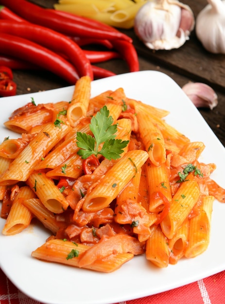 Photo penne pasta with chili sauce arrabiata