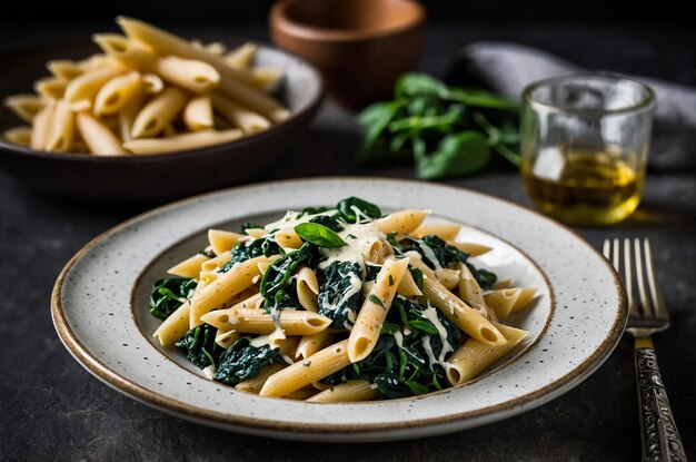 Photo penne pasta with creamy alfredo and sautaced mushrooms