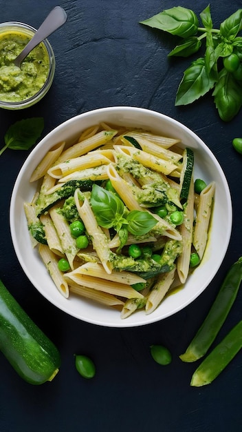 Penne pasta with pesto sauce zucchini green peas and basil italian food top view flat lay