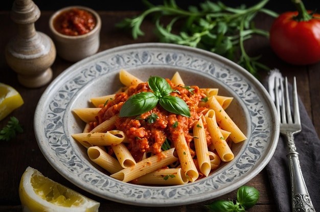 Penne pasta with spicy arrabbiata sauce and fresh herbs