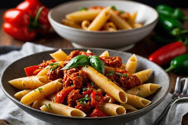 Photo penne pasta with spicy chorizo and peppers