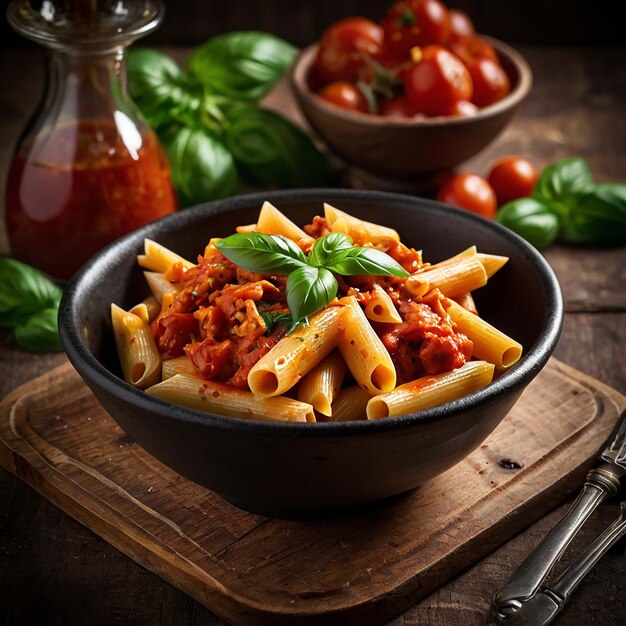 Photo penne pasta with tender pork in spicy arrabbiata sauce