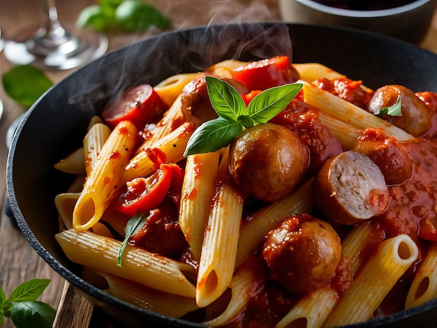 Penne pasta with tomato sauce with sausage tomatoes green basil decorated in a pan on a wood