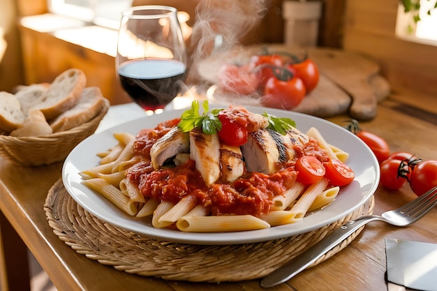 Penne pasta with tomato sauce with sausage tomatoes green basil decorated in a pan on a wood