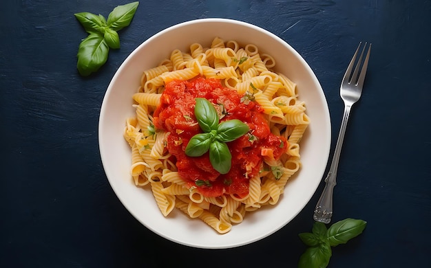 Penne pasta with tomato sauce with sausage tomatoes green basil decorated in a pan on a wood