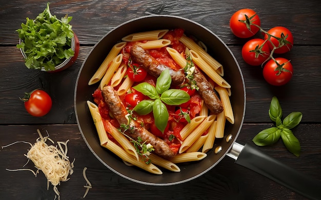 Penne pasta with tomato sauce with sausage tomatoes green basil decorated in a pan on a wood