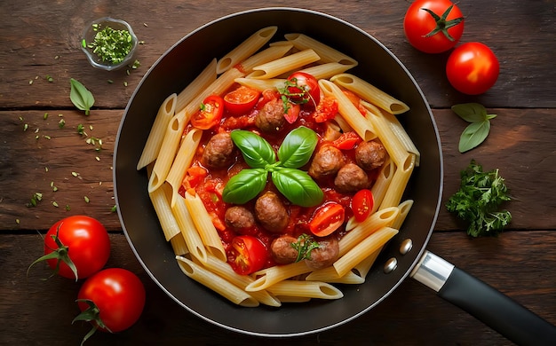 Penne pasta with tomato sauce with sausage tomatoes green basil decorated in a pan on a wood