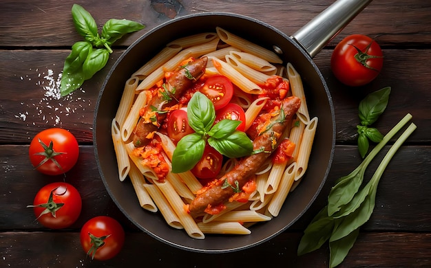 Penne pasta with tomato sauce with sausage tomatoes green basil decorated in a pan on a wood