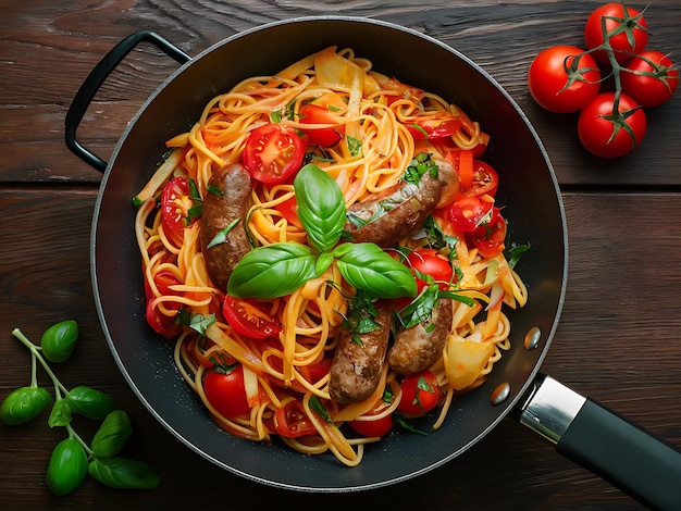 Penne pasta with tomato sauce with sausage tomatoes green basil decorated in a pan on a wood