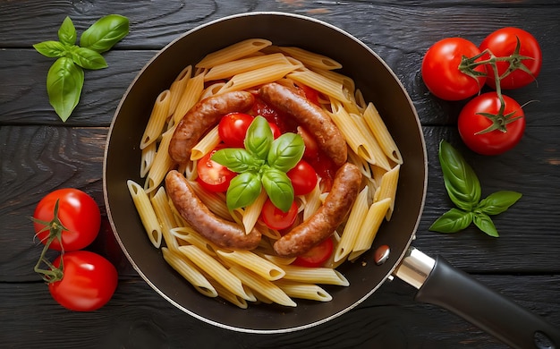 Penne pasta with tomato sauce with sausage tomatoes green basil decorated in a pan on a wood