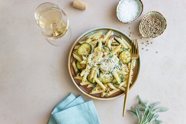 Penne pasta with zucchini, sage, nuts and parmesan cheese. Healthy eating. Vegetarian food. Italian food.