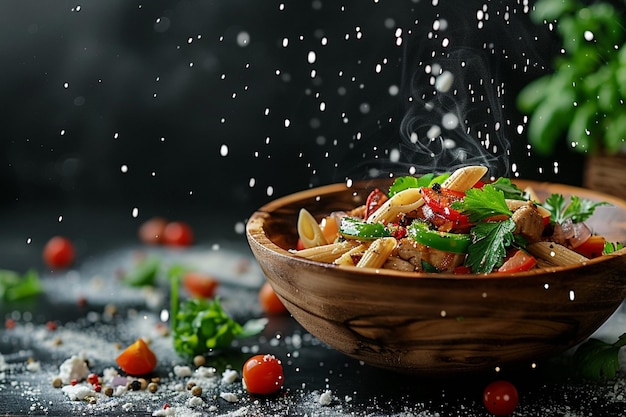 Photo penne with roasted chicken in wooden bowl