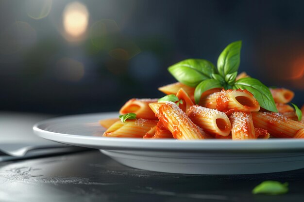 Photo penne with tomato sauce on a black plate set against a dark background with cinematic lighting