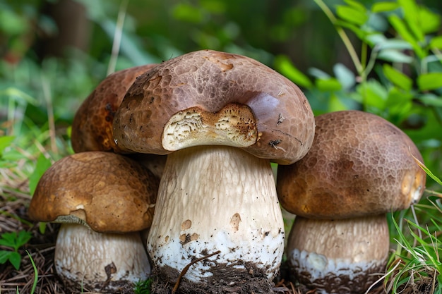 Penny bun mushrooms clustered on the forest floor