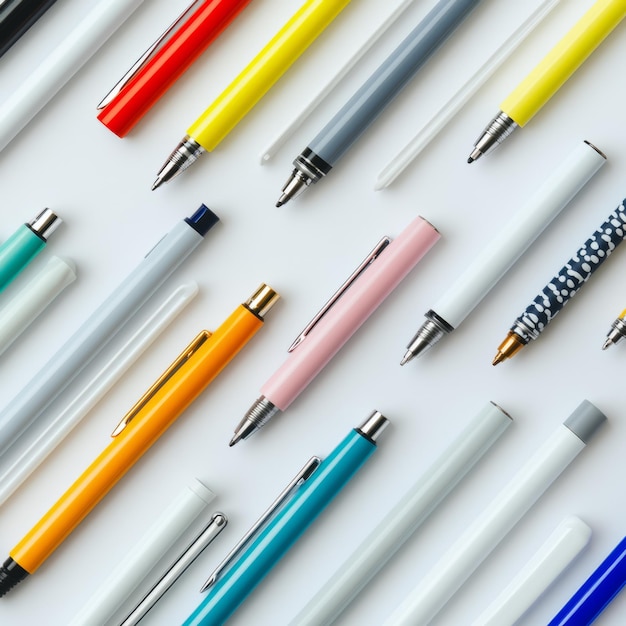 Photo pens on desk top view editorial photography