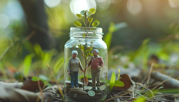 Photo pension savings figures of elderly people coins and green twig in jar outdoors