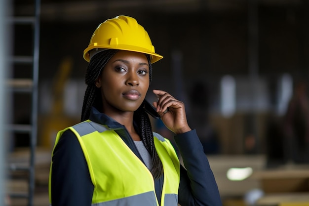 Pensive black female engineer in hardhat standing in warehouse and talking on cellphone