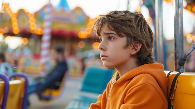 Pensive boy on amusement park ride A thoughtful boy on an orange amusement park ride with a contemplative expression