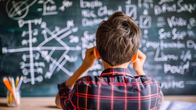 Pensive boy solving complex math problems on chalkboard