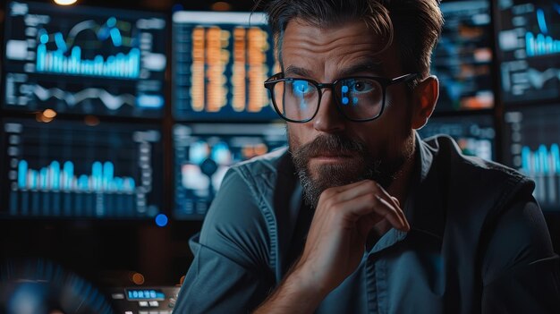 Photo a pensive businessman wearing glasses sits in front of a wall of computer monitors