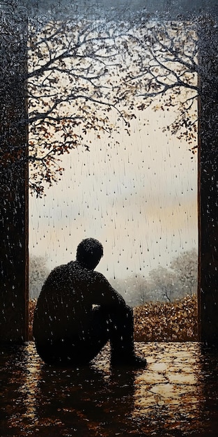 Photo pensive figure sitting by a rainy window