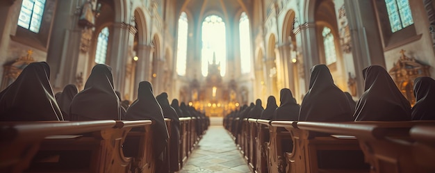 Pensive group of nuns deep in prayer within a church Concept Serene spiritual moments Devotion and prayer Quiet contemplation Sacred spaces Inner reflection