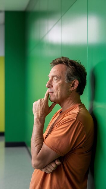 Photo pensive indecisive adult man looks upwards and keeps finger near mouth dressed in casual orange t