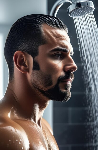 Pensive man standing at the shower Guy washes himself mens self care