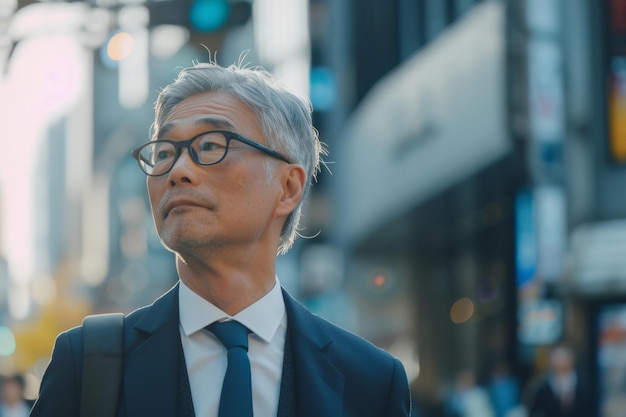 Pensive man in a suit lost in thought amidst the citys hustle