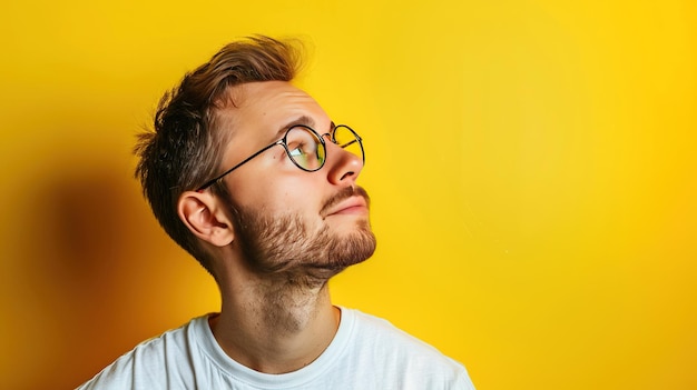 Photo a pensive man with glasses against a yellow background representing contemplation decision making