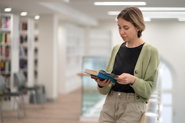 Pensive middleaged woman literature fan with paper book in hands spending leisure time in library