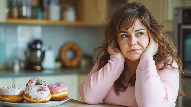 Photo pensive overweight woman with donuts in kitchen