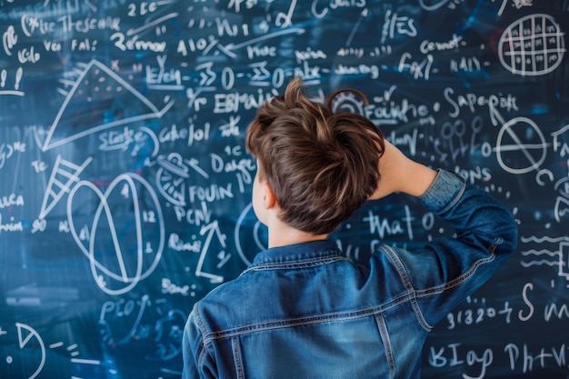 Pensive student contemplating complex math problems on chalkboard