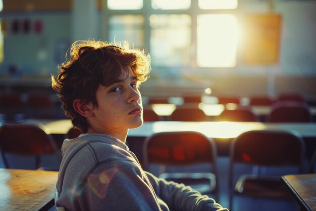 Photo pensive teenage boy sitting in an empty classroom during sunset reflecting a contemplative and thoughtful mood