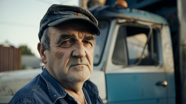 Pensive truck driver with a stoic face standing by his blue rig at dusk