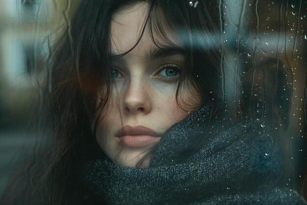 Photo pensive woman gazing through rainy window