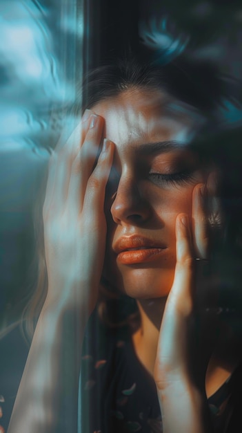 Pensive Woman Reflecting by a Window in Moody Lighting Emotional Portrait Photography Concept