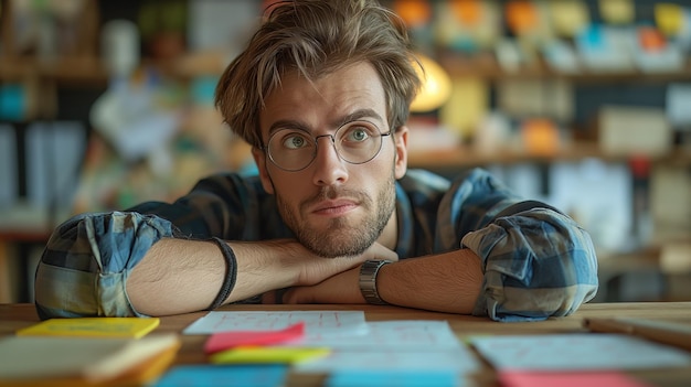 Photo pensive young adult in eyeglasses leaning over a table with sticky notes concept of creativity planning and student life