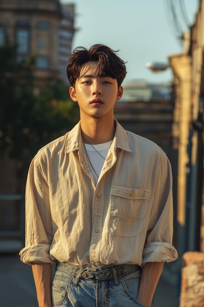 Pensive Young Korean Man in Casual City Street Fashion Outfit Posing Outdoors