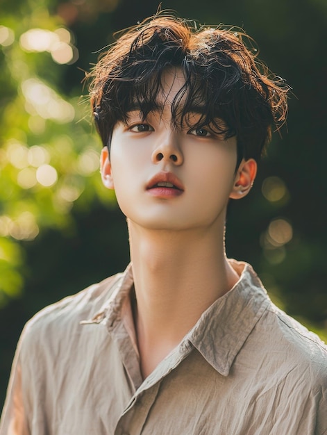 Pensive young Korean man in natural outdoor setting with soft dreamy lighting