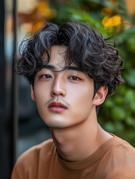 Pensive Young Korean Man with Tousled Curly Hair in Outdoor Nature Setting