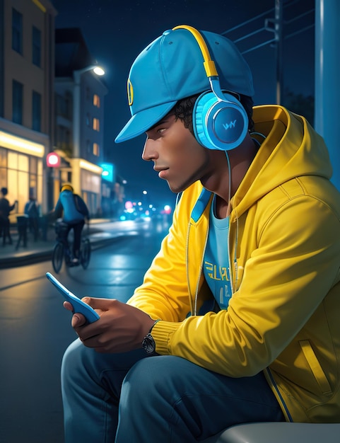 pensive young man wearing blue cap with big blue headphones blue sweatshirt and yellow sneakers