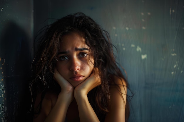 Pensive young woman by rainy window