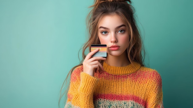 Photo pensive young woman holding a credit card contemplating financial decisions in a modern setting