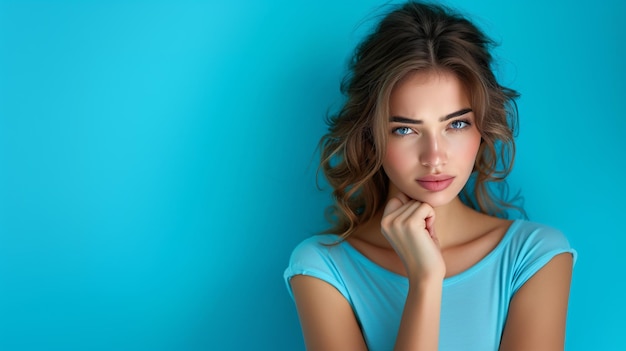 a pensive young woman on a plain blue background fashio