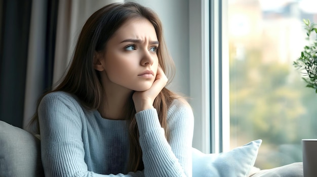 Photo pensive young woman sitting alone on couch at home deeply lost in sad thoughtsgazing out window