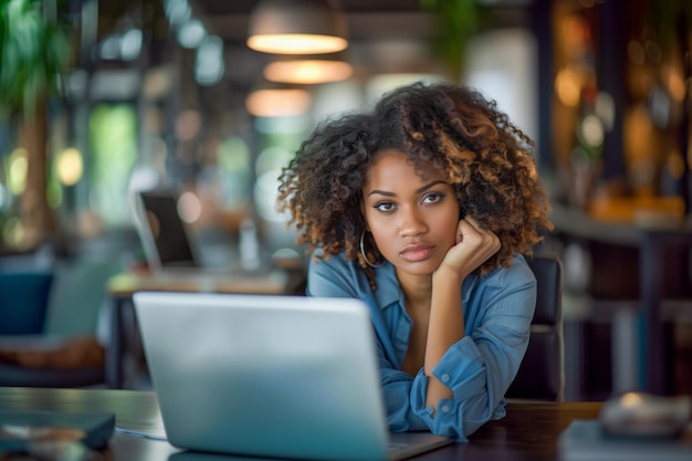 Pensive Young Woman with Laptop in a Cafe