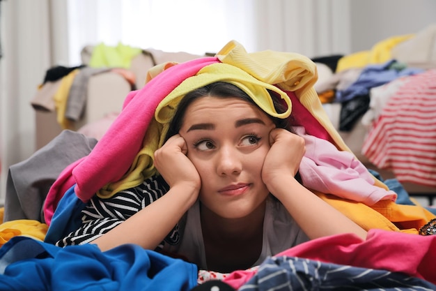 Pensive young woman with lots of clothes on floor in room Fast fashion